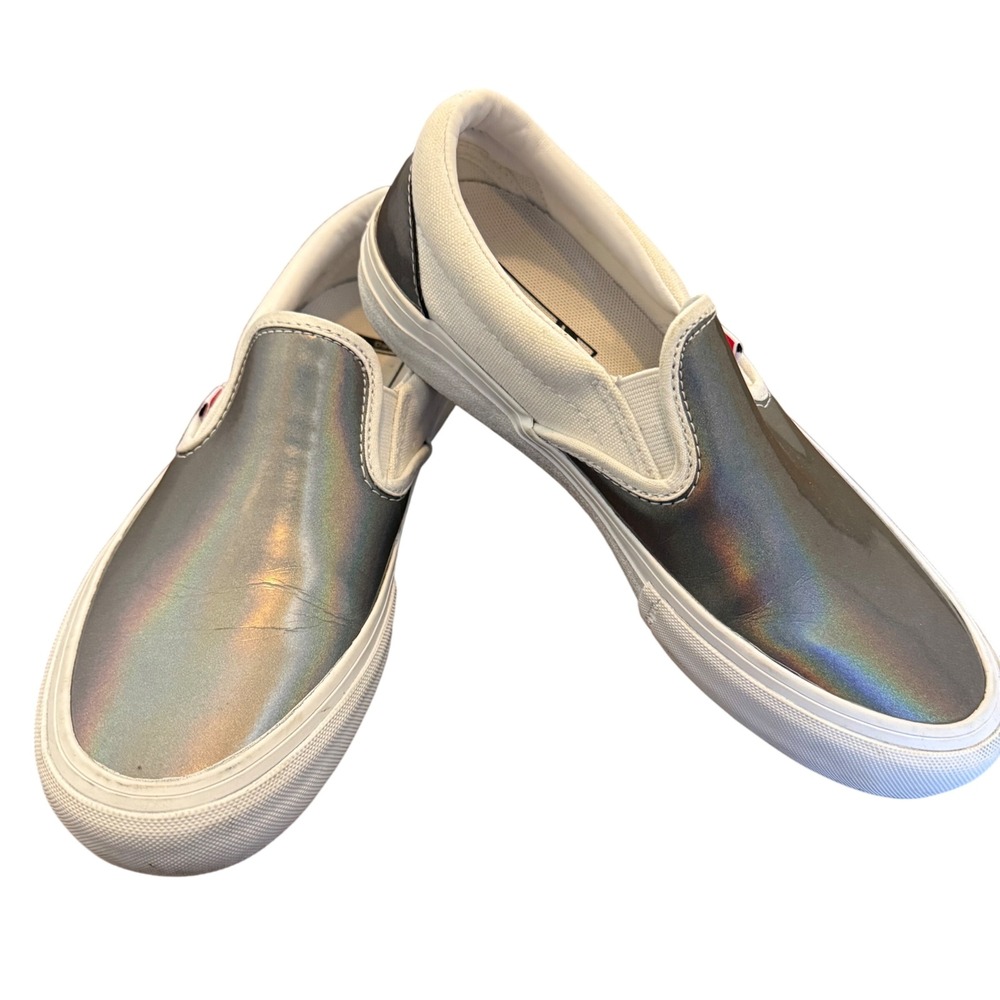 Vans Slip‎ On Pro Iridescent Silver True White Skate Shoes Mens 6 Womens 7.5